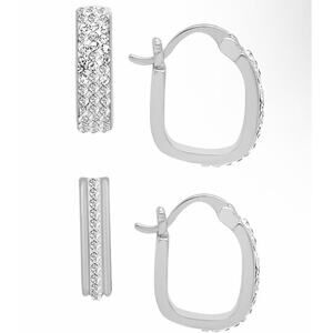 Silver Tone Crystal Hoop Earrings (2 Piece Set) Women's Chic Trendy Fashion NWT